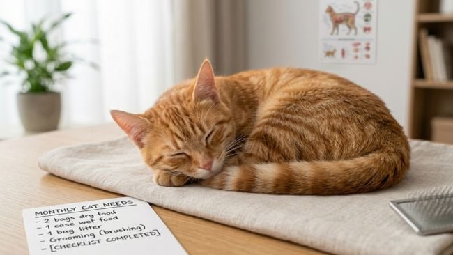 Calm indoor cat resting peacefully, illustrating the low-maintenance and comforting benefits of owning a cat