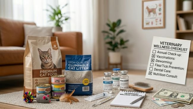 Cat food, litter and veterinary supplies representing the financial and care responsibilities of cat ownership