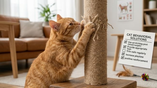 Cat using a scratching post instead of furniture, showcasing solutions to common behavioral challenges of owning a cat