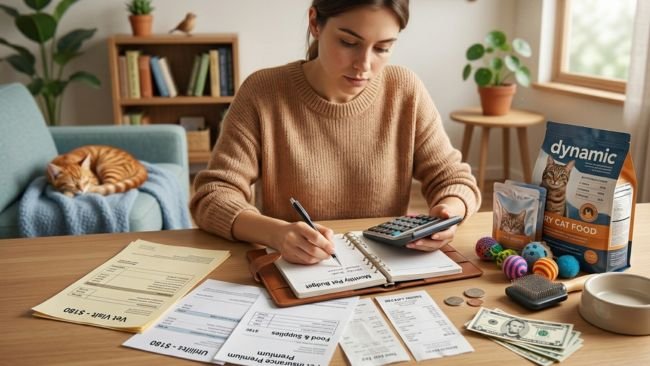 First-time cat owner planning finances with bills, calculator, and cat supplies to understand the cost of owning a cat.
