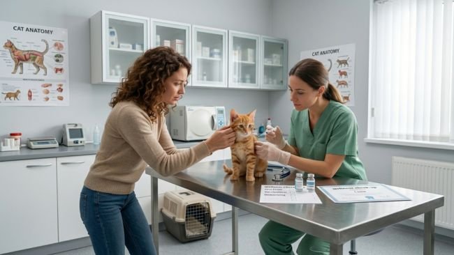 First-time cat owner taking their cat to the veterinarian for preventive health care, vaccinations and wellness check-ups