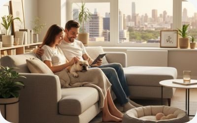 Apartment living dogs relaxing indoors, showing the best dog choices for small spaces