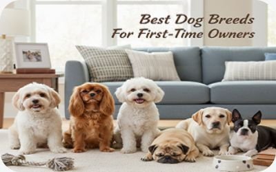 A group of friendly dogs suitable for first-time dog owners sitting together