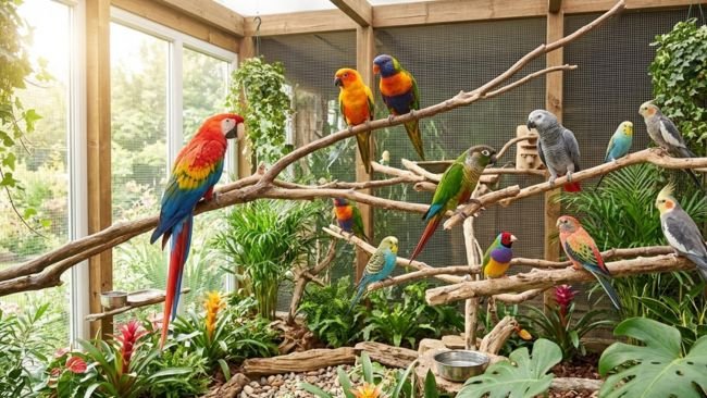 A variety of tropical pet birds perched on branches in a bright indoor aviary