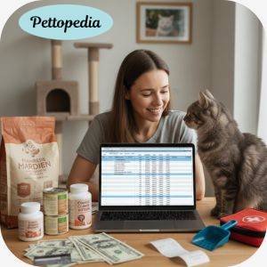 Cat food, litter, and veterinary supplies, representing the financial and care responsibilities of cat ownership