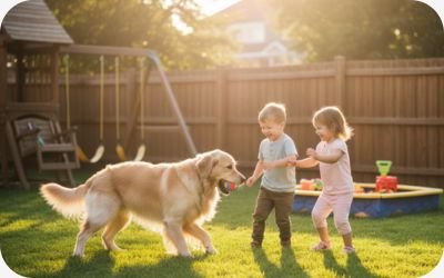 Children playing with a family pet dog, showing a child-friendly dog lifestyle