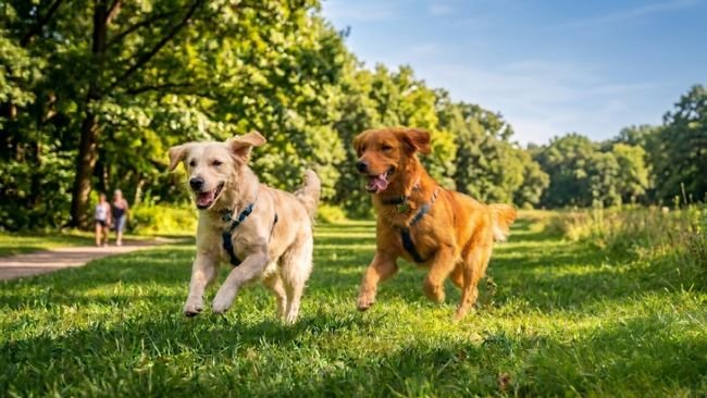 Playful dogs running through a sunny park with green grass and trees