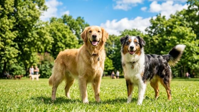 A Golden Retriever and a tricolor Australian Shepherd standing side by side in a sunny park, both looking happy with tongues out