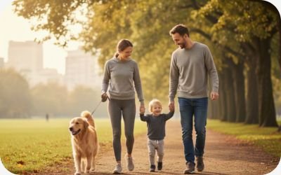 A family involved in a morning walk with their pet dog, showing daily exercise and bonding