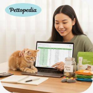 First-time cat owner planning finances with bills, calculator, and cat supplies to understand the cost of owning a cat