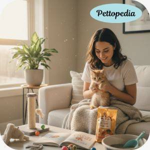 Essential cat supplies for first-time cat owners including food bowls, litter box, cat toys, scratching post, and comfortable cat bed