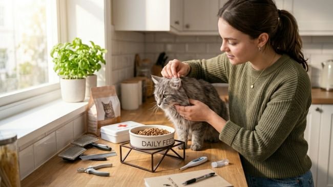 First time cat owner feeding and grooming a cat while monitoring its health, demonstrating responsible daily care practices.