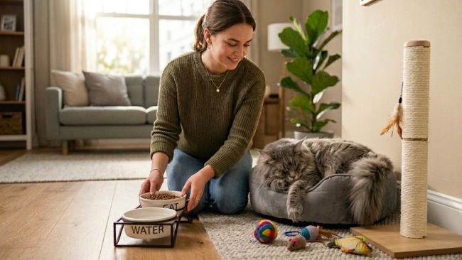 First time cat owner preparing a safe and comfortable home with cat bed, scratching post, and feeding area for a new cat.