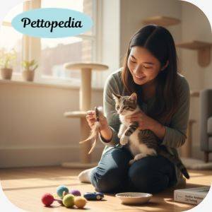 First-time cat owner bonding with their cat through play and positive reinforcement training techniques