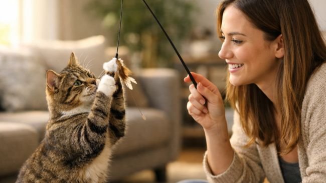 First time cat owner observing and engaging with their cat using a wand toy to understand feline behavior and encourage positive interactions.
