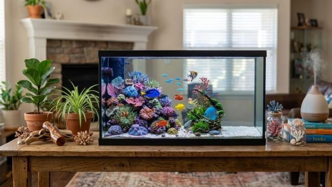Colorful freshwater and saltwater fish swimming in a well-decorated aquarium with plants and corals