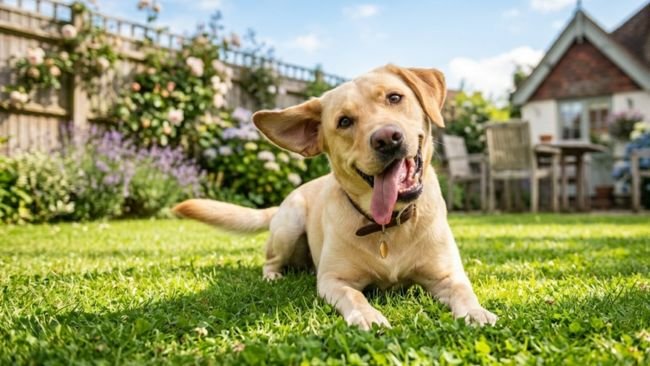 A playful Labrador Retriever lying on grass with ears flopped and tongue out, looking joyful and funny.