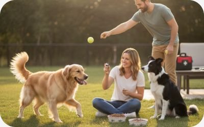 Male and female dogs during training session with owner demonstrating obedience and daily care routines