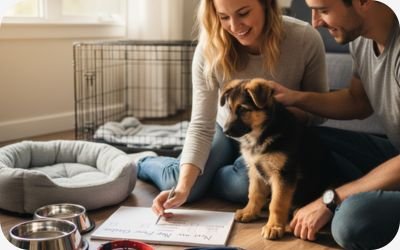 Essential items for a new dog including food bowls, bed, crate, toys, leash, and grooming supplies