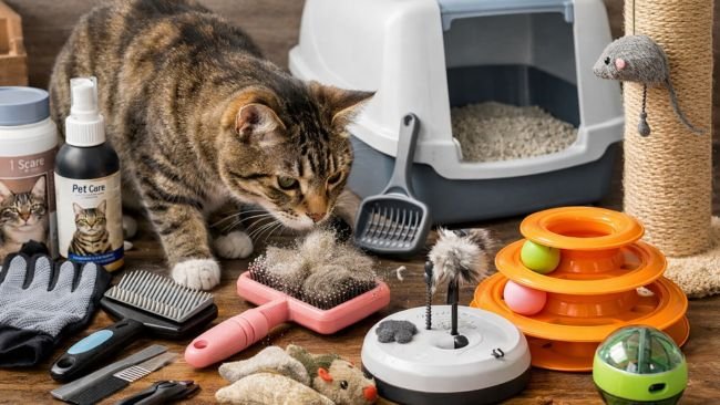 Cat exploring grooming tools, litter box, and enrichment toys, highlighting practical care and lifestyle considerations for new cat owners