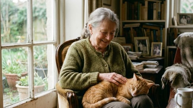 Domestic cat relaxing beside owner on sofa showing affectionate companionship
