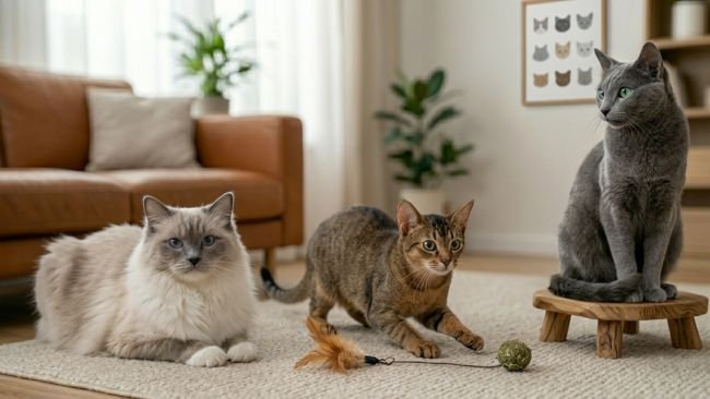 Diverse cat breeds showing personality traits and compatibility with different lifestyles, including playful, calm and independent cats