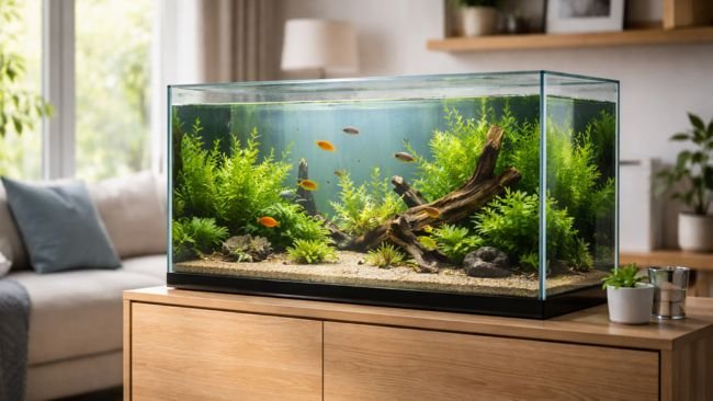  Well-maintained aquarium fish tank enhancing home interior with natural aquatic setup