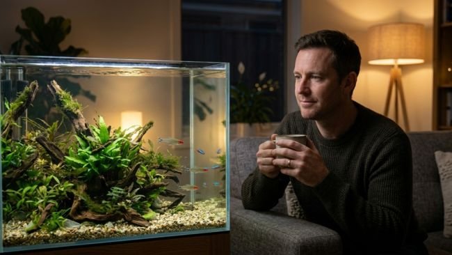 Person relaxing while watching aquarium fish in a calm home environment
