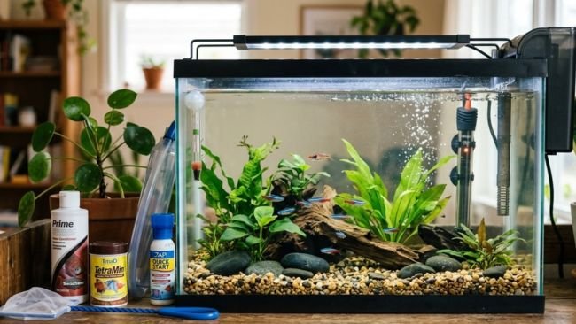 Essential aquarium setup for beginners including filter, heater, substrate, decorations, and thermometer