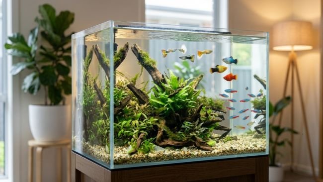 Beginner-friendly aquarium fish species like guppies and tetras swimming in a well-maintained home tank 