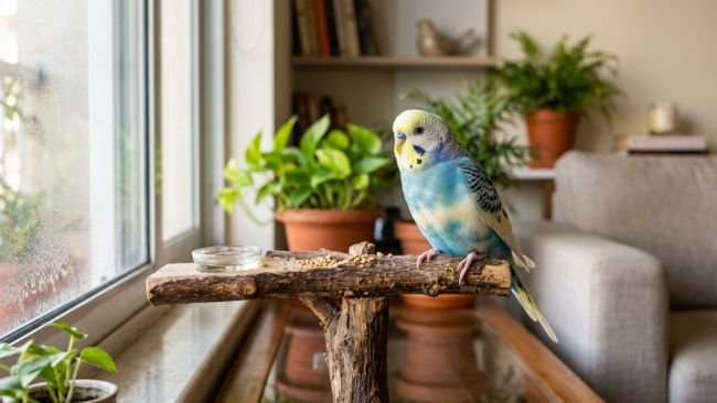 Beginner-friendly budgerigar perched on a wooden stand in a bright home, ideal for first-time bird owners.