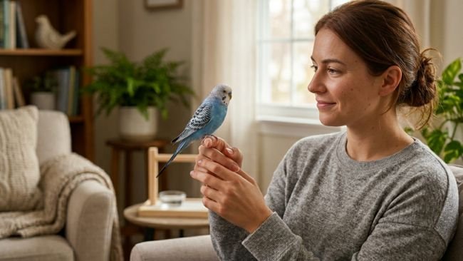 First-time bird owner holding a parakeet, demonstrating safe and beginner-friendly handling practices.