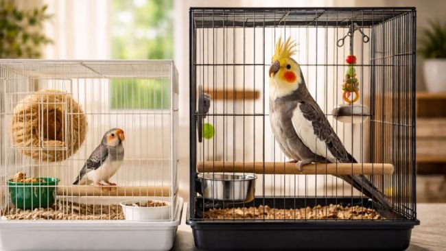 Comparison of a small finch and medium cockatiel in separate home cages, highlighting size differences for beginner bird owners.