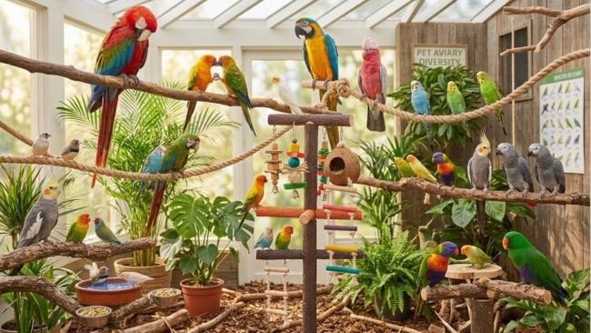 A variety of tropical and common pet birds perched in a bright indoor aviary with vibrant plumage