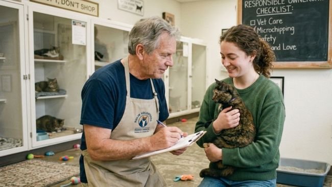 Person gently meeting a domestic cat at an animal shelter before adoption