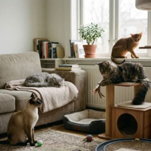 Diverse cat breeds showing personality traits and compatibility with different lifestyles, including playful, calm and independent cats