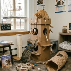 A cat engaging with interactive toys, a puzzle feeder, and a cat tree to promote mental stimulation and natural behavior for new cat owners