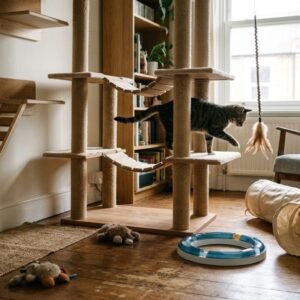 Safe and cat-proofed home for first-time cat owners featuring secure furniture, protected cords, non-toxic plants, and a comfortable cat corner