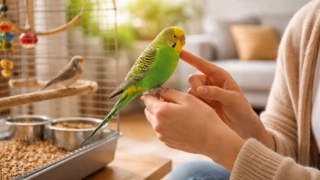 A person feeds and interacts with a medium parakeet in a sunlit living room, demonstrating daily care and engagement for pet birds.