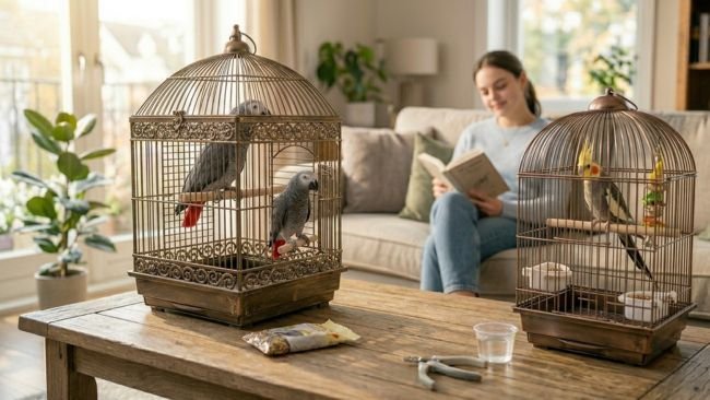 Multiple pet birds in a bright, organized living room while a person reads on a sofa, demonstrating how birds can integrate harmoniously into home life