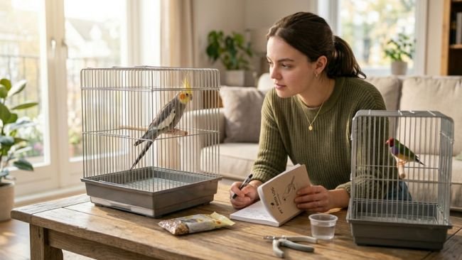 A young adult compares a medium cockatiel and a small finch in separate indoor cages at home, evaluating which bird suits their lifestyle best.	