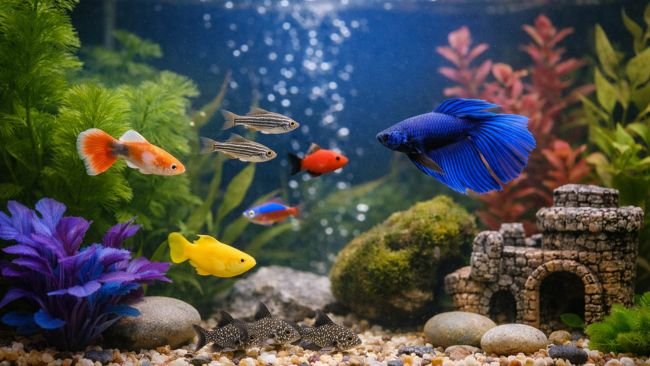 Family setting up a kid-friendly aquarium with heater, filter, and test kit to teach aquatic care