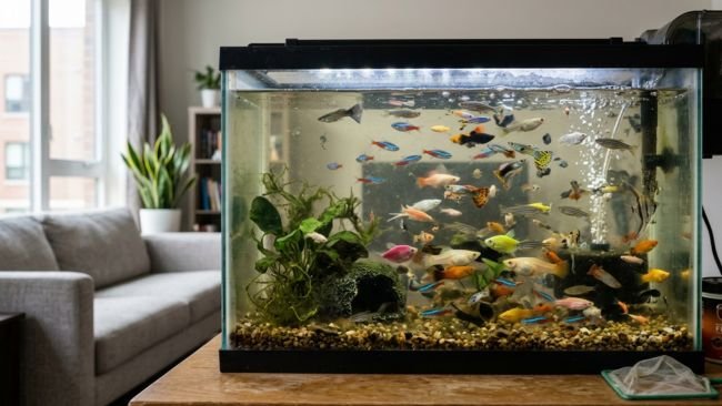 Overcrowded fish tank showing a common mistake new fish owners make