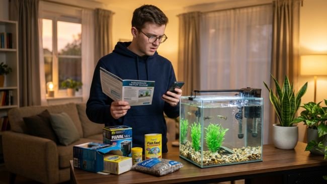 Beginner fish tank with improper equipment setup showing a common mistake