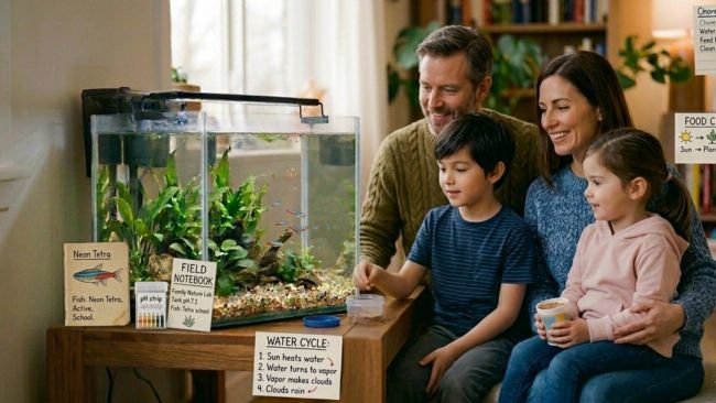 Family setting up a kid-friendly aquarium with heater, filter, and test kit to teach aquatic care