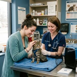 A veterinarian performing the first health check for a new cat, highlighting vaccinations, microchipping, and preventive care for first-time owners