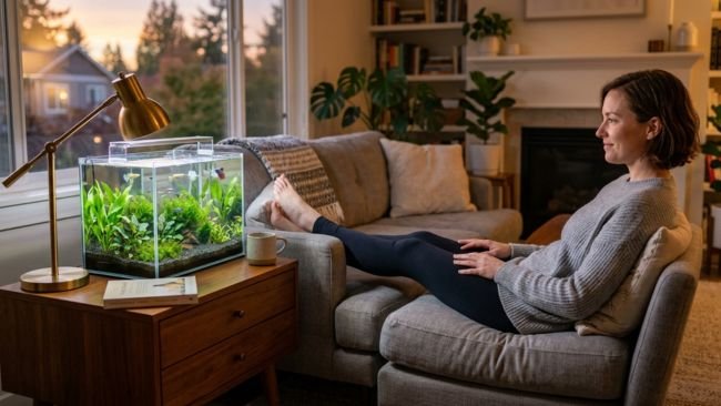 Person relaxing at home with a low-maintenance freshwater fish tank setup