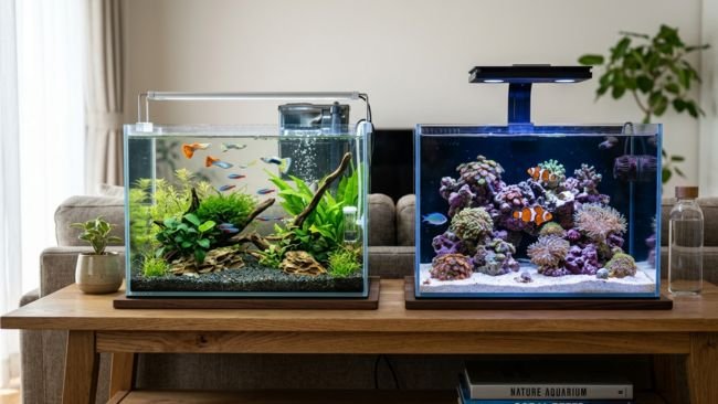 Side-by-side comparison of freshwater and saltwater fish aquariums in a home setting