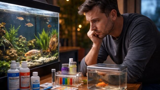 Fish owner treating sick fish with medication showing unexpected costs of fish care