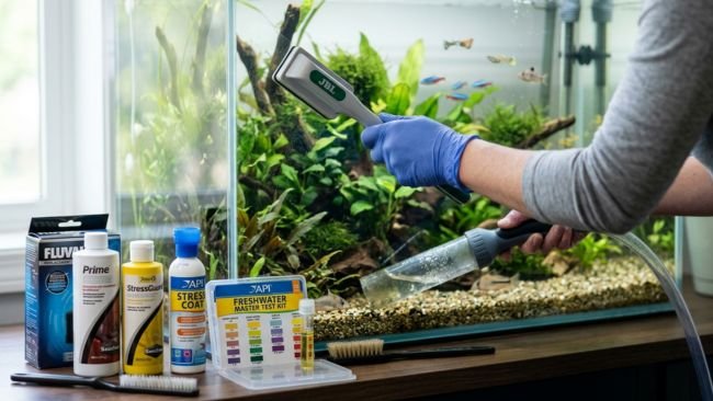 Aquarium maintenance tools and supplies highlighting ongoing costs of keeping fish